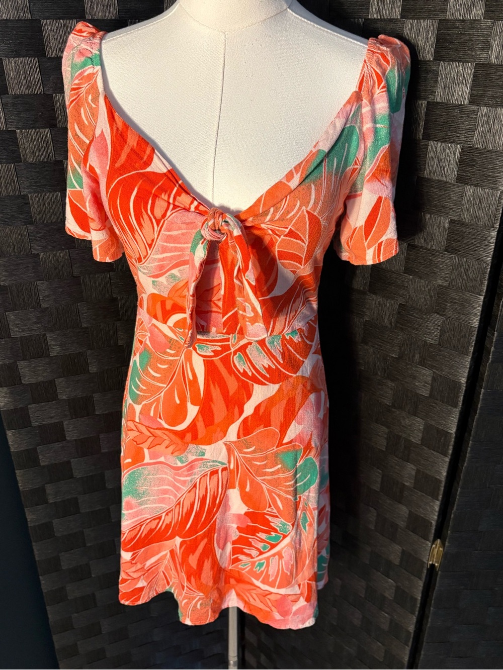 Gianni Bini Coral, Teal & Pink Tropical Tie-Front Mini Dress